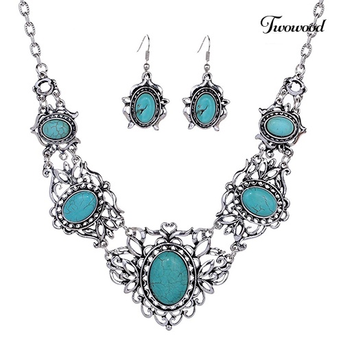 Twowood Women's Berongga Tibet Oval Turquoise Bib Kerah Kalung Anting Set Perhiasan