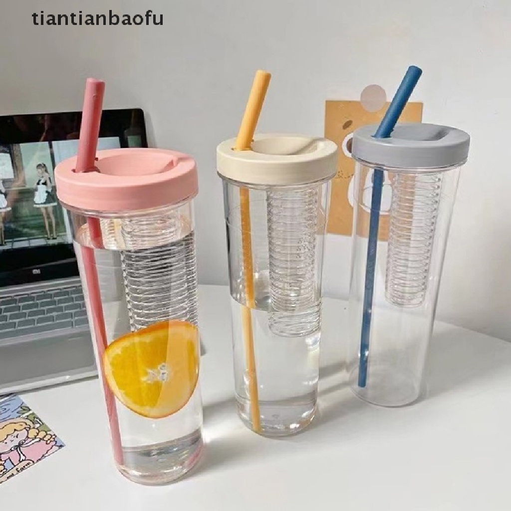 [tiantianbaofu] Botol Air Filter Buah Buahan Plastik 750ml Dengan Sedotan Gelas Air Sekolah Butik