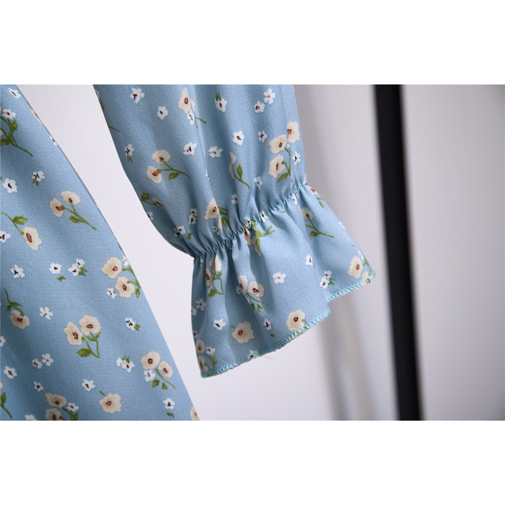 COD 2023 New Fashion A-Line Korean Style Long Sleeve Dress for Women Hijau Biru Putih Wanita Midi Dress Korea Lengan Panjang Muslimah Motif Bunga Panjang Gaun