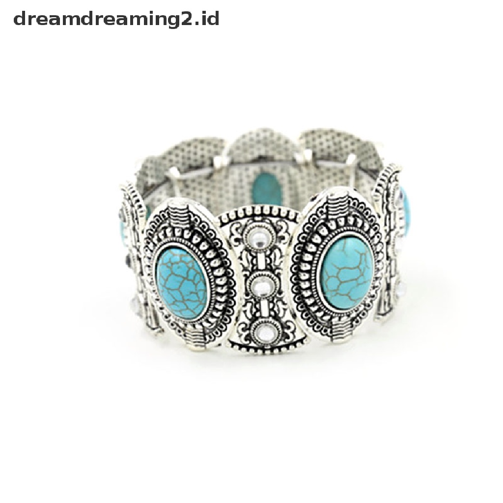 (hot) Stylish Boho Womens Retro Vintage Natural Turquoise Tibet Perak Gelang Cuff//