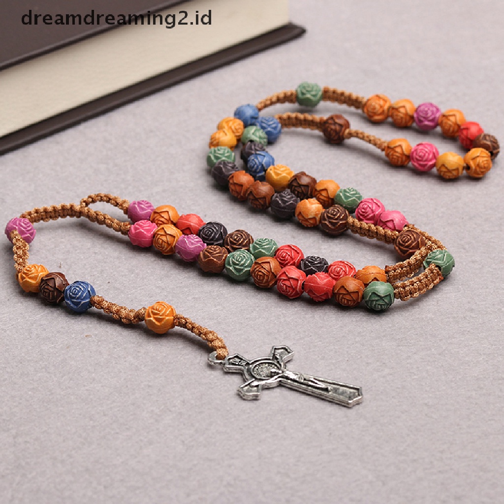 (hot) Kalung Liontin Salib Warna-Warni Kalung Manik-Manik Doa Kristen Yesus Katolik Perhiasan Religi//