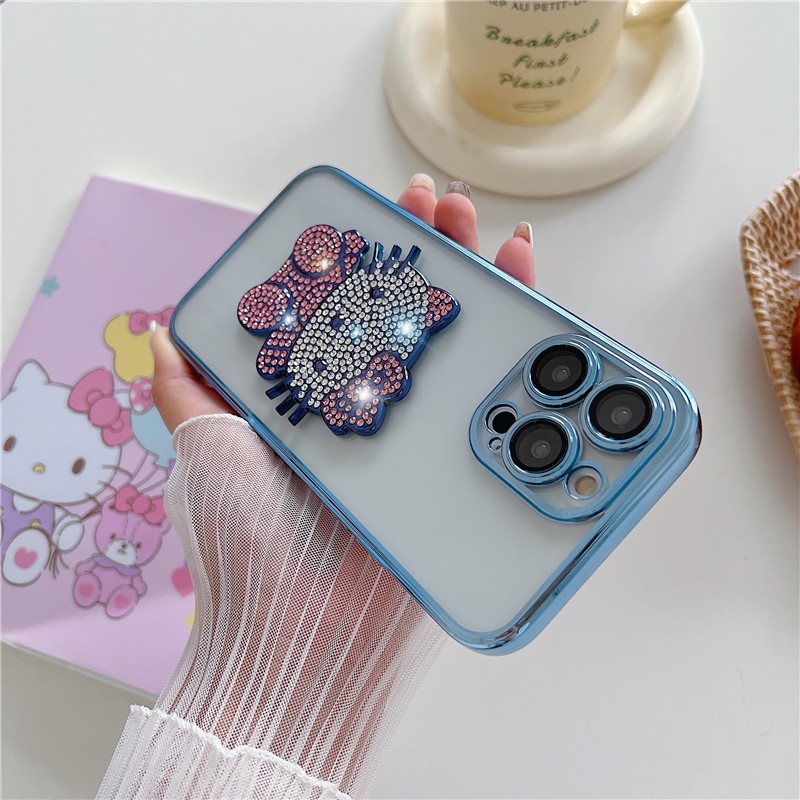 Casing Ponsel hello kitty Kristal Mengkilap Mewah Kompatibel Untuk iphone11 12 13 14PROMAX X XS XR XSMAX 14Pro Dengan film Pelindung Lensa shockproof back cover casing