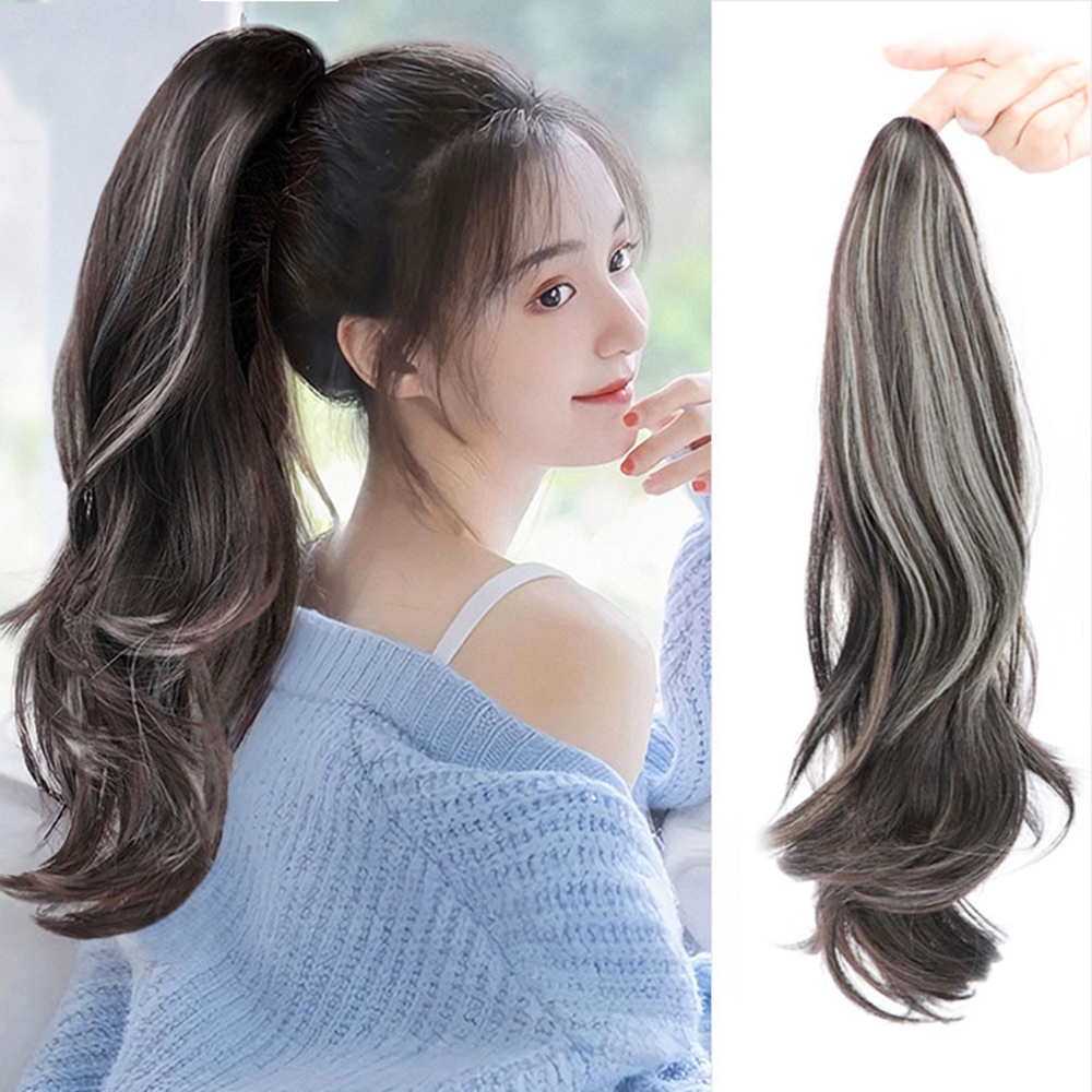 Keriting Alami Highlight Ponytail Wig Wanita Perempuan Ambil Gaya Panjang Berbulu Ekstensi Rambut