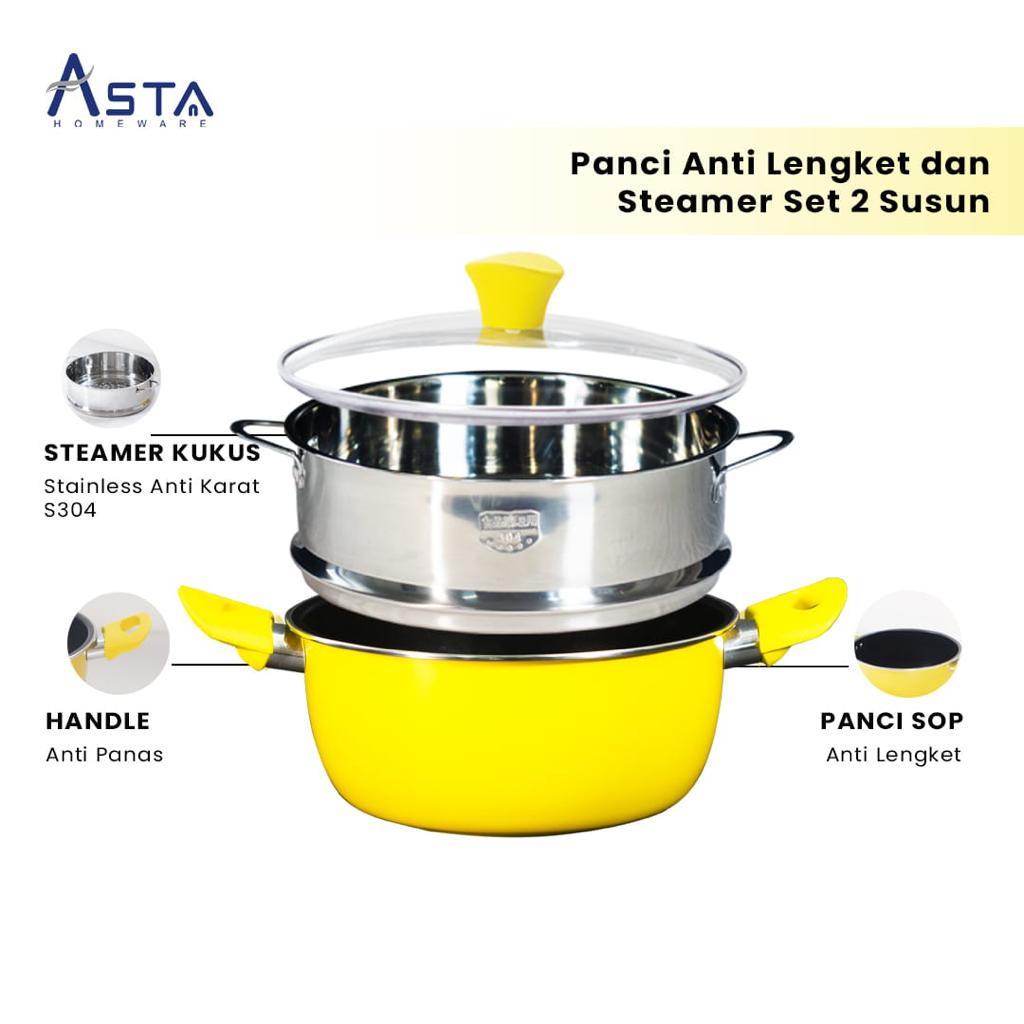 ASTA Panci Set LEMONA 100 Panci Dandang Kukus Steamer 24CM Stainless Steel SUS 304