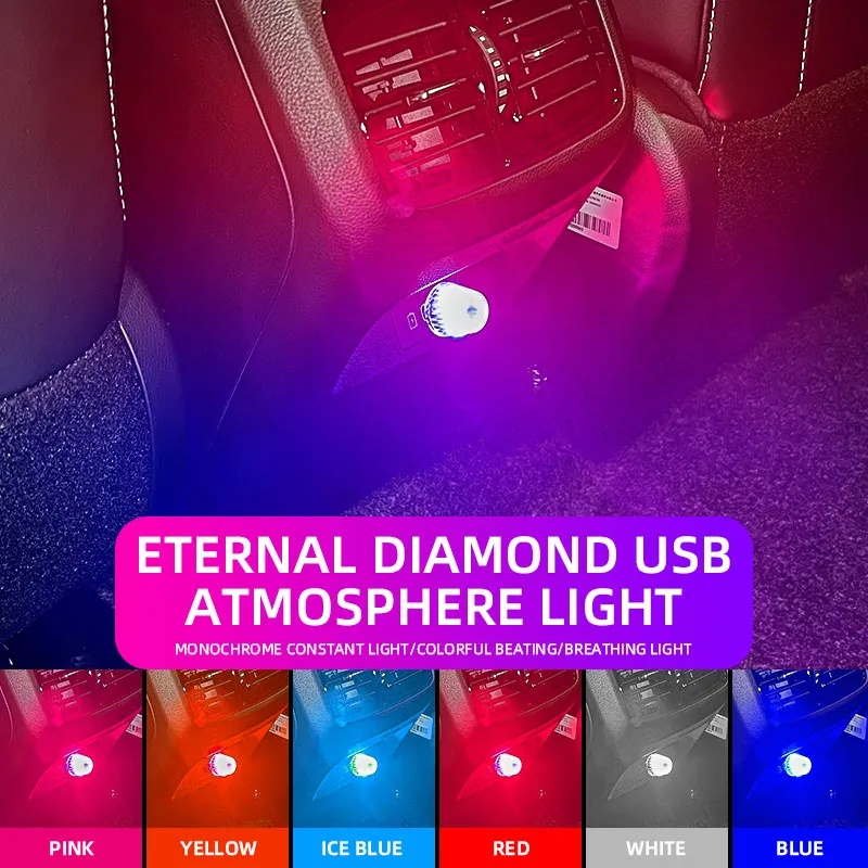 Lampu Kedip Suasana Mobil Mini Plug and Play Bentuk Berlian Warna-Warni USB LED Light Portable Perlengkapan Pencahayaan Interior Mobil Lampu Malam Lampu Sorot Hias