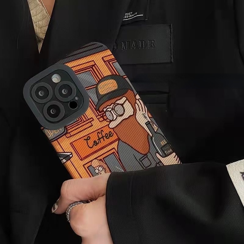 【Lamb Skin】Orange Bearded Man Leather Soft Case for IPhone 6S 7 Plus 8 Plus X XS XR XS Max 11 13 12 14 PRO Max 14 Plus 12 13 Mini Ins Fashion