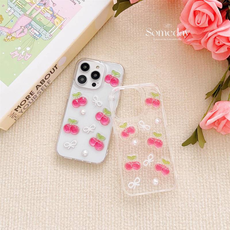 Cute Drop Glue Acrylic Full Screen Cherry Casing Transparan Untuk Iphone14 13 12 11 Pro MAX Plus Mini Shockproof Clear Cover Untuk iPhone X XS MAX XR 7 8 Plus SE 2022 2020