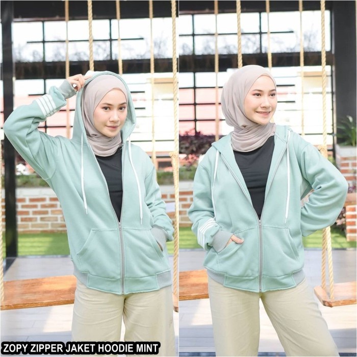 JAKET HOODIE Pria Wanita ZOPY ZIPPER Oversize Polos Sleting Outer - MINT