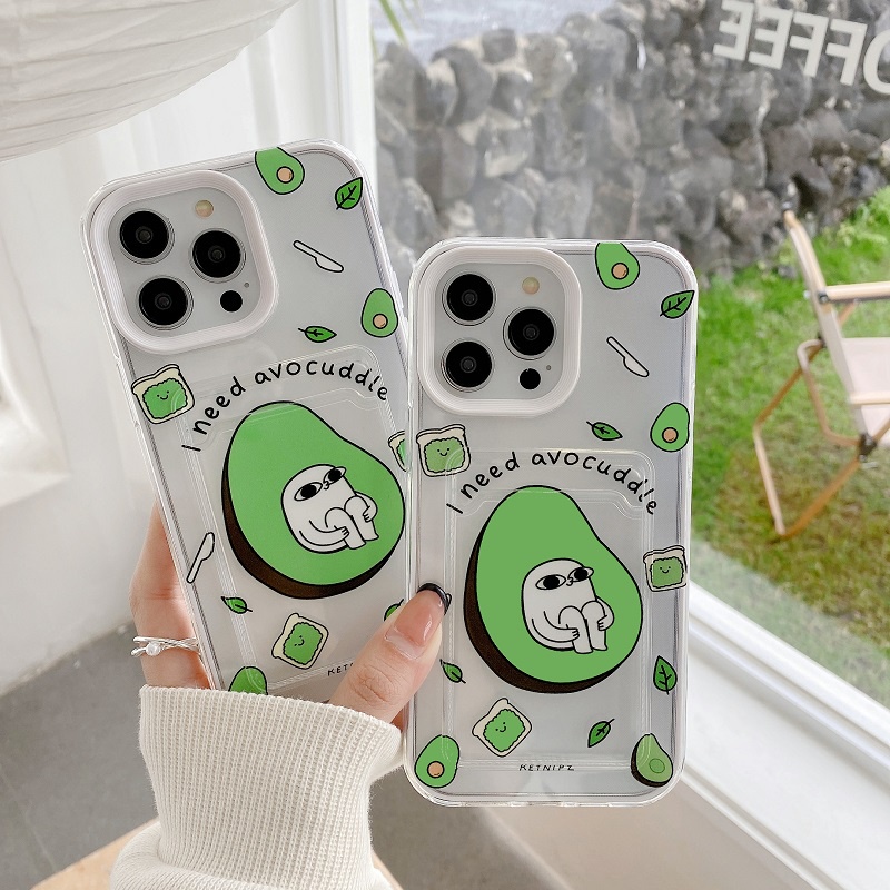 Pelindung 3in1 Untuk iPhone Case14 13 12 11 Pro Max Desain Lengan Kartu IPX XR XS Max7 8 Plus Kartun avocado