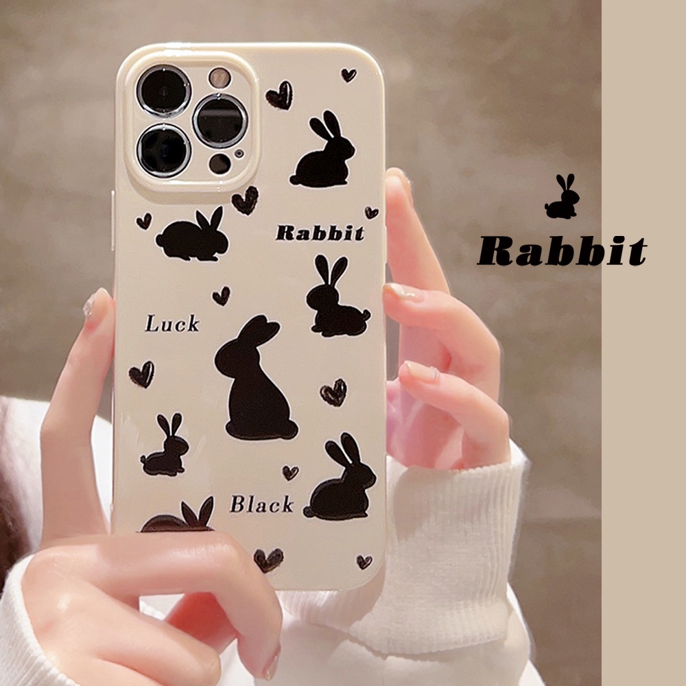 IPHONE Korea Lucu Hitam Kelinci Hati Kartun Silikon Case Untuk Iphone14 11 12 13 PRO MAX Casing Cover Pelindung AT0158