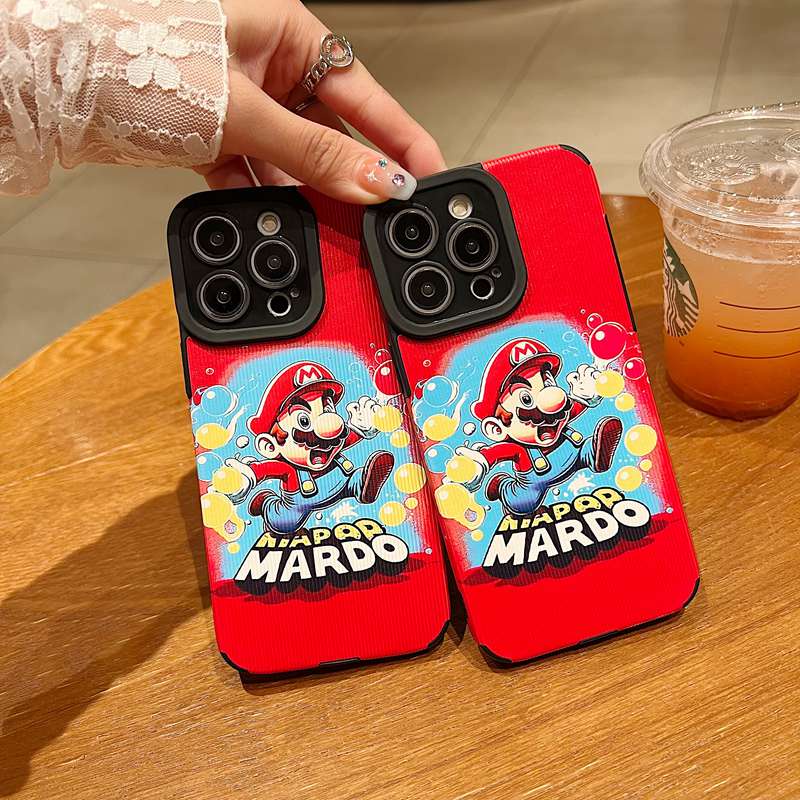 【Lamb Skin】So Cute Red Papw Mario Leather Soft Case for IPhone 7 Plus 8 Plus X XS XR XS Max 11 13 12 14 PRO Max 14 Plus for Girl Women's Gift Missconnie Casing hp iPhone 11 Pro Max