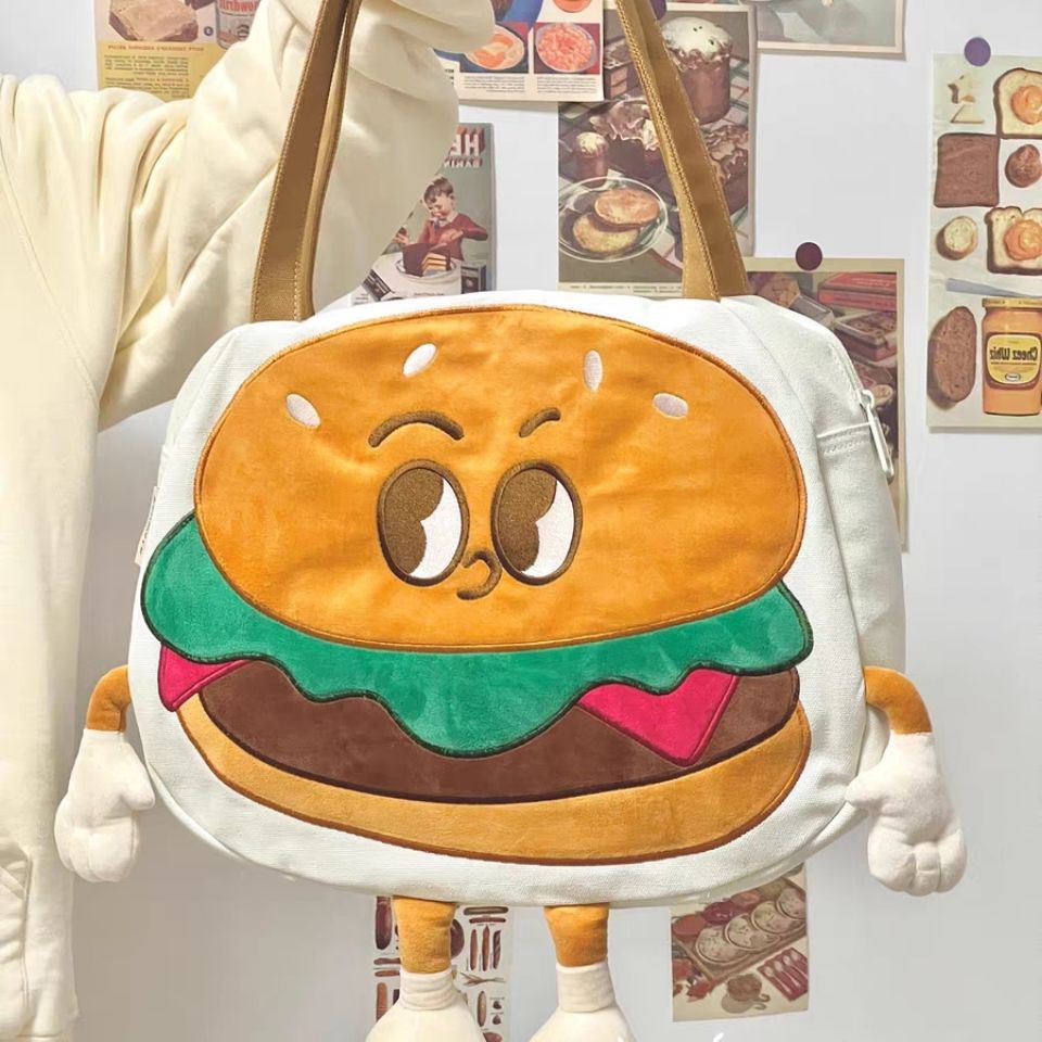 ✈❁☞Sera Seri Lucu Hamburger Musim Semi Baru Tas Lucu Niche Awal Musim Semi Satu Bahu Tas Kanvas Tas Kreatif Douyin Xiaohongshu