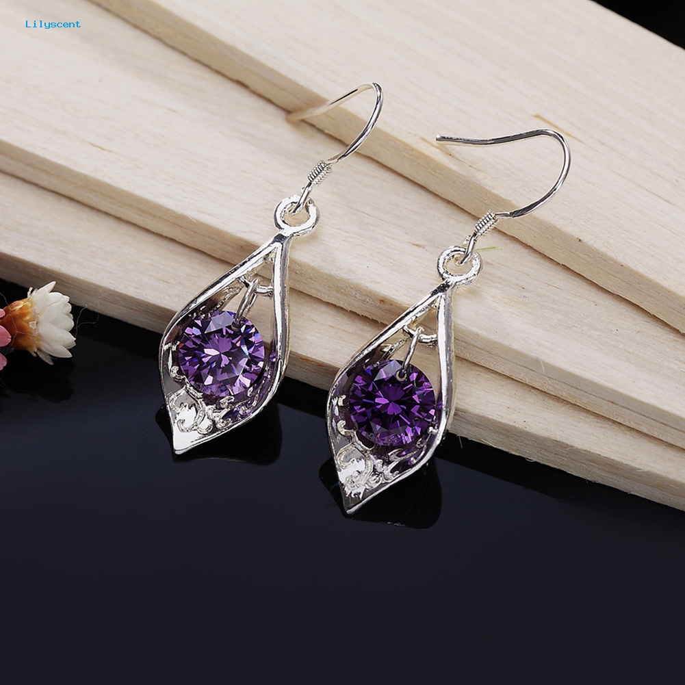 Lilyscent Fashion Perak Berlapis Zirkon Ungu Pesona Drop Menjuntai Anting Lady Perhiasan Hadiah