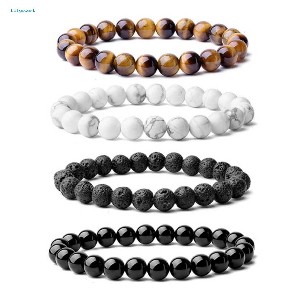 Lilyscent 4Pcs/Set Manik-Manik Pria Gelang Perhiasan Aksesoris Pria Wanita Tiger Eye Bracelet Bulat Beads