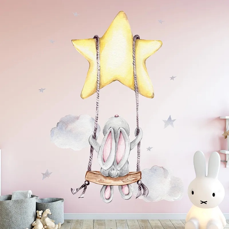 Lucu Kartun Kelinci Swing on The Stars Stiker Dinding/DIY Self-adhesive Big Golden Star Wall Decals Untuk Dekorasi Kamar Anak