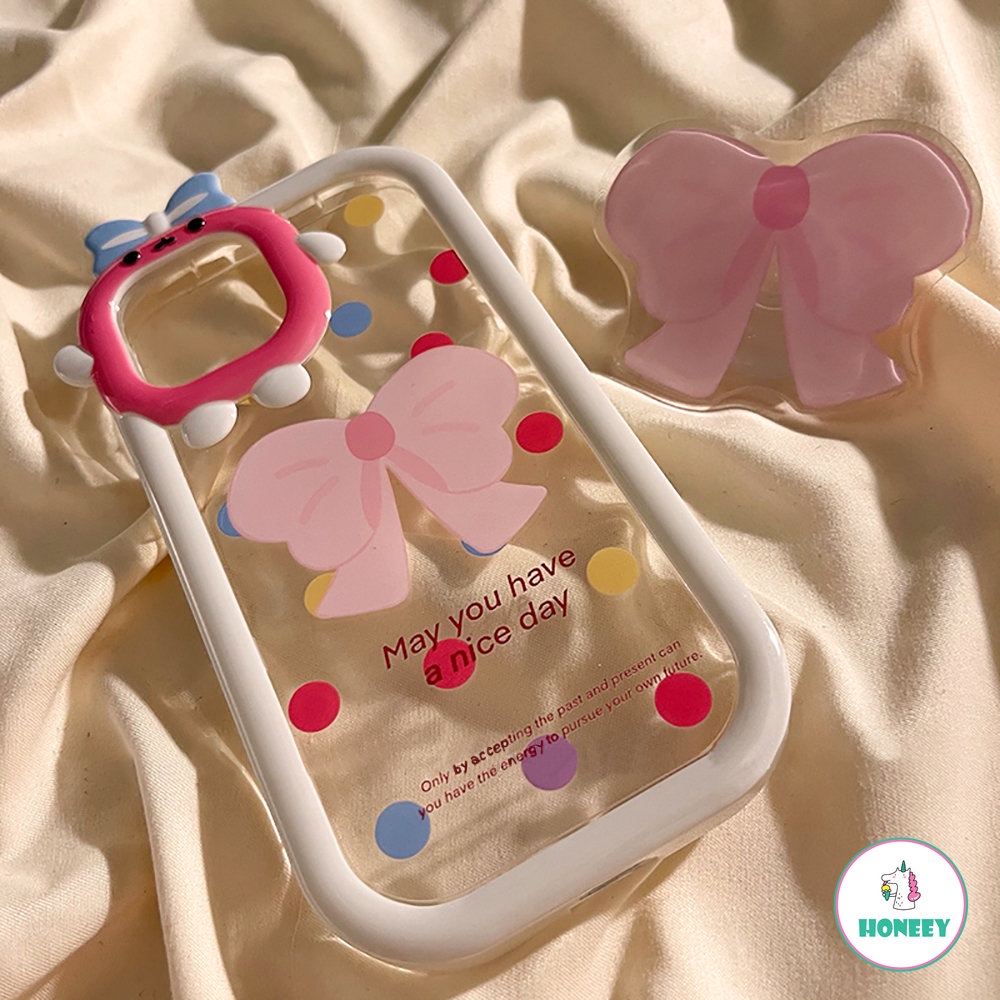 IPHONE 3d Lovely Bow Kamera Ring Handphone Case Untuk Iphone11 14 13 12 Pro Max 14plus Cute Polkadot Armor Back Cover