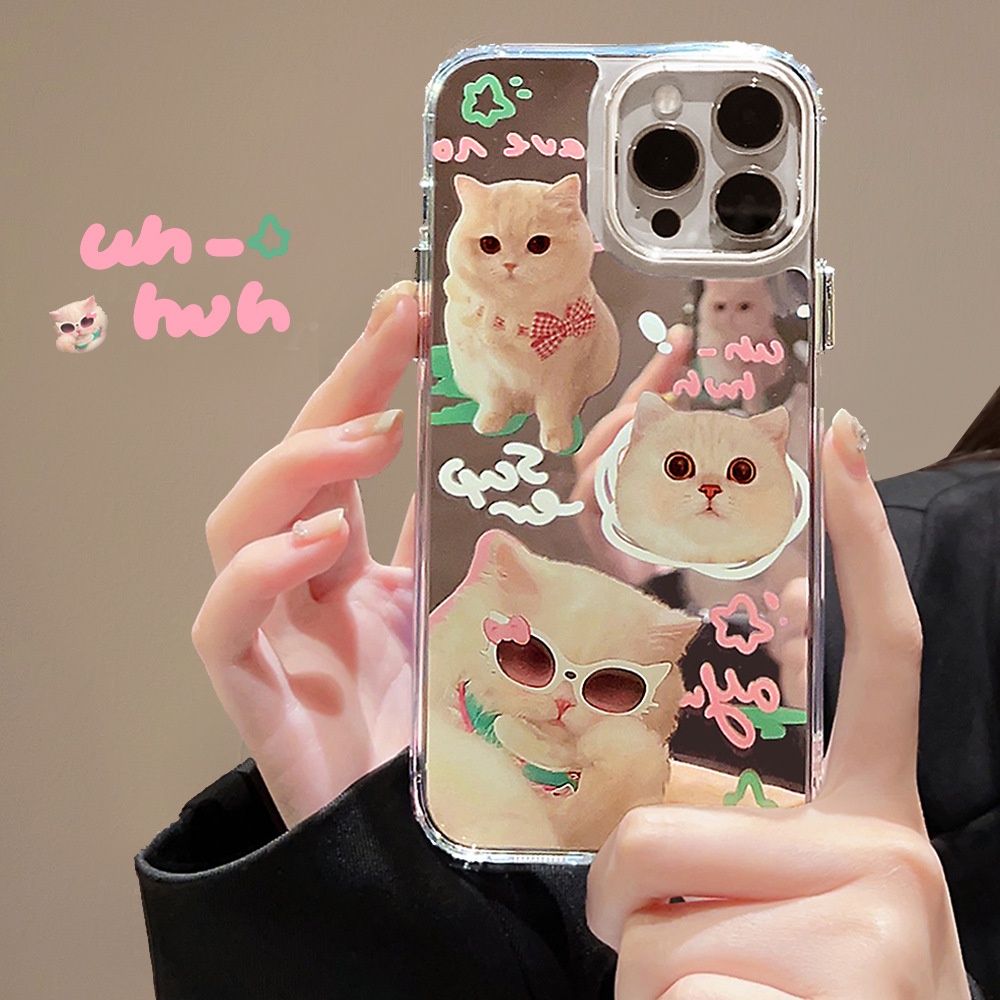 IPHONE Kacamata Hitam Lucu Pink Hijau Kucing Kartun Make Up Cermin Transparan Case Untuk Iphone14 11 12 13 PRO MAX Casing Cover Pelindung AT0214