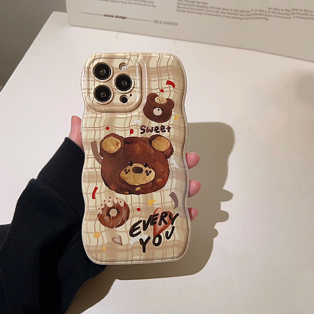 IPHONE Donat Teddy Bear Memutar Kotak-Kotak Coklat Perlindungan Penuh Casing Ponsel Cover Untuk Iphone11 12 13 14 PLUS PRO MAX Soft Shell