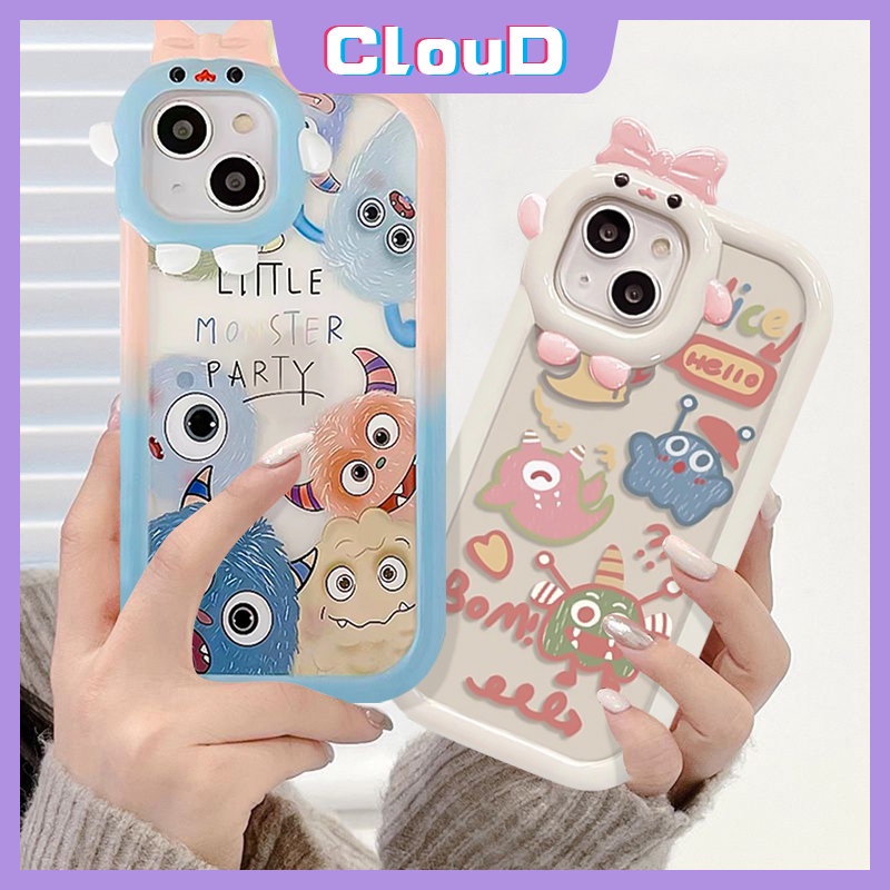 IPHONE Casing Ponsel Lensa Monster Kecil Busur 3D Kompatibel Untuk Iphone11 13 14 12 Pro Max7 8 14 6 6S Plus X XR XS MAX SE 2020 Kartun Monster Kecil Yang Lucu Lembut Tpu Penutup Belakang