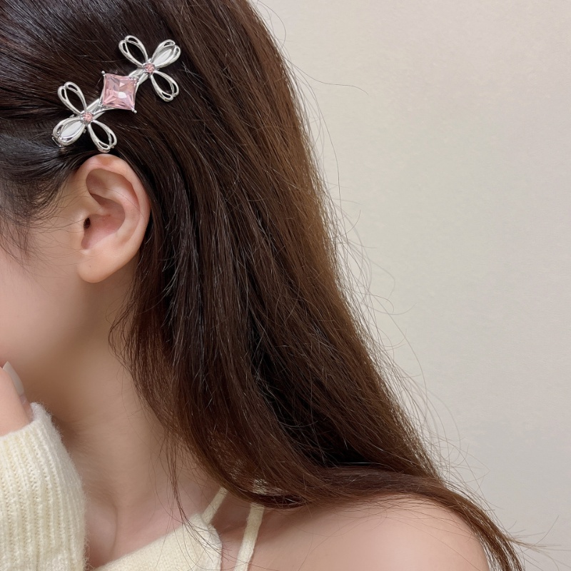 Cairan Logam Zirkon Bunga Jepit Rambut Pink Sisi Poni Klip Manis Keren Hairpin Aksesoris Rambut