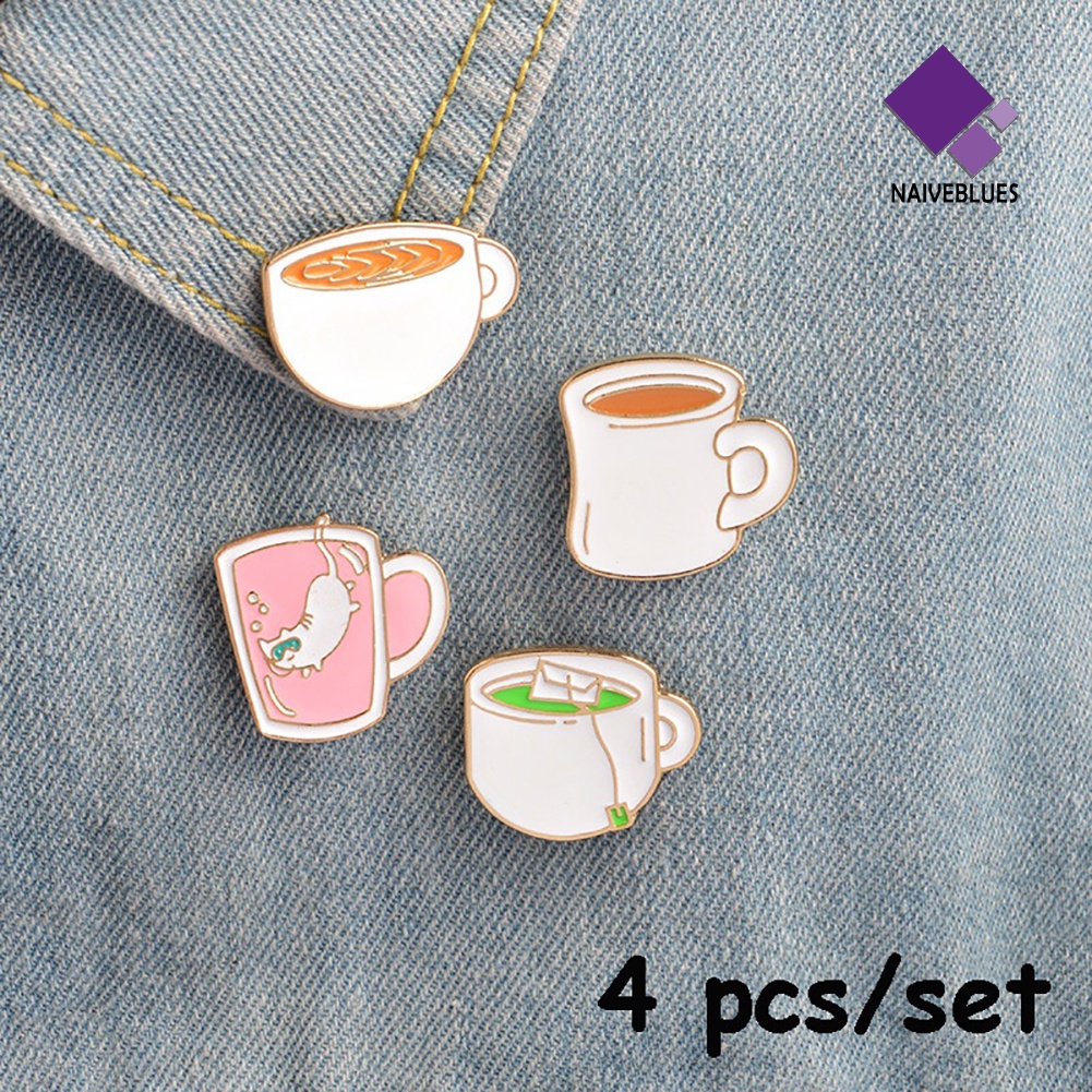 &lt; Naiveblues &gt; 4Pcs Cangkir Teh Kopi Enamel Bros Pin Lencana Jeans Kerah Set