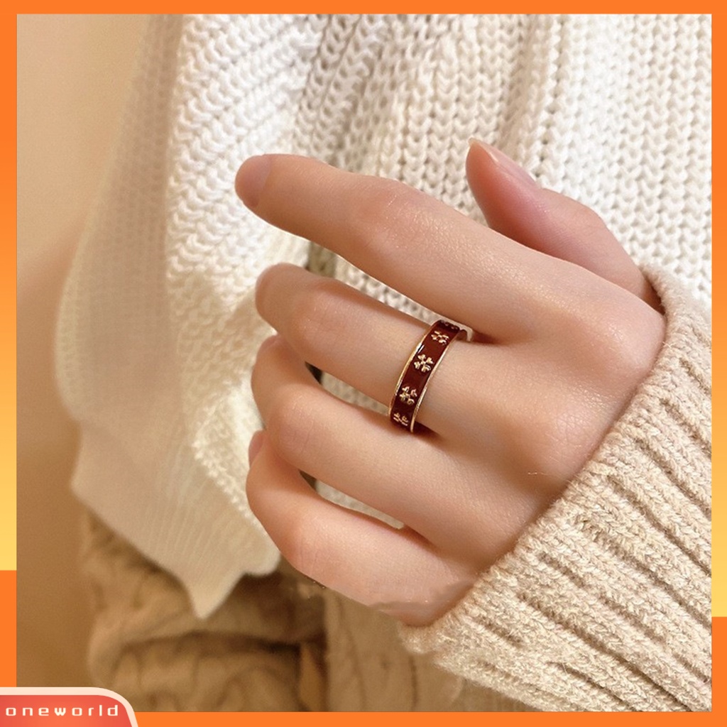 [EONE] Wanita Cincin Enamel Merah Bi-color Opening Adjustable Elegan Logam Emas Empat Daun Semanggi Jari Cincin Fashion Perhiasan