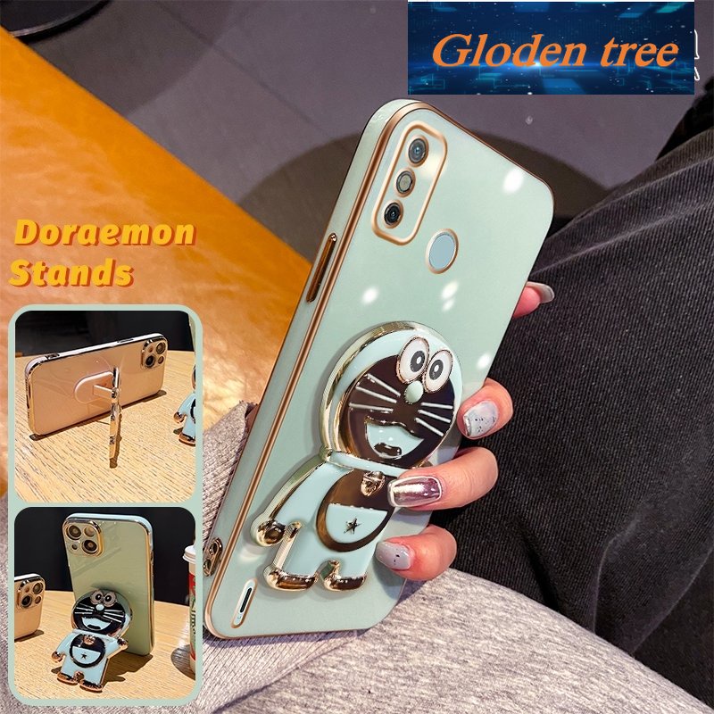 Casing Pohon Gloden Untuk Tecno Spark Go 2020 2021 Spark 6go Case Fashion Kartun Doraemon Lipat Stand Phone Case Electroplating Shockproof Phone Holder Case