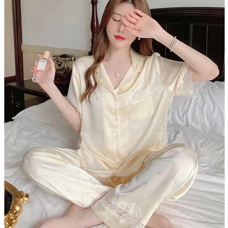2023 new Korean version thin pink pajamas set/short sleeve top+trousers two -piece home clothing