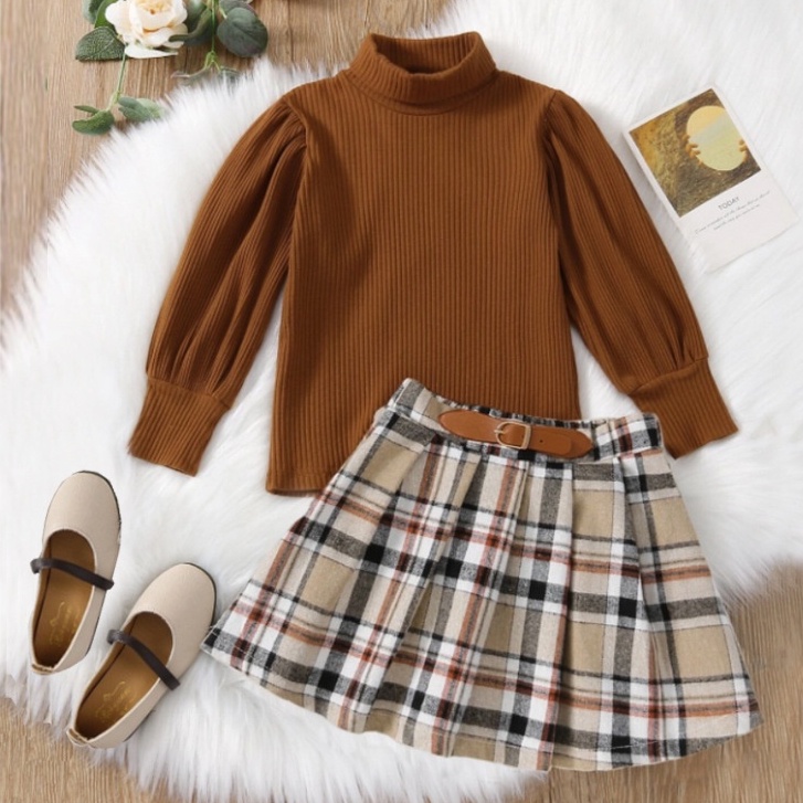 CHUBBI 33 Setelan Set Anak Perempuan Kaos High Neck + Rok Fanel Kotak2 Belt