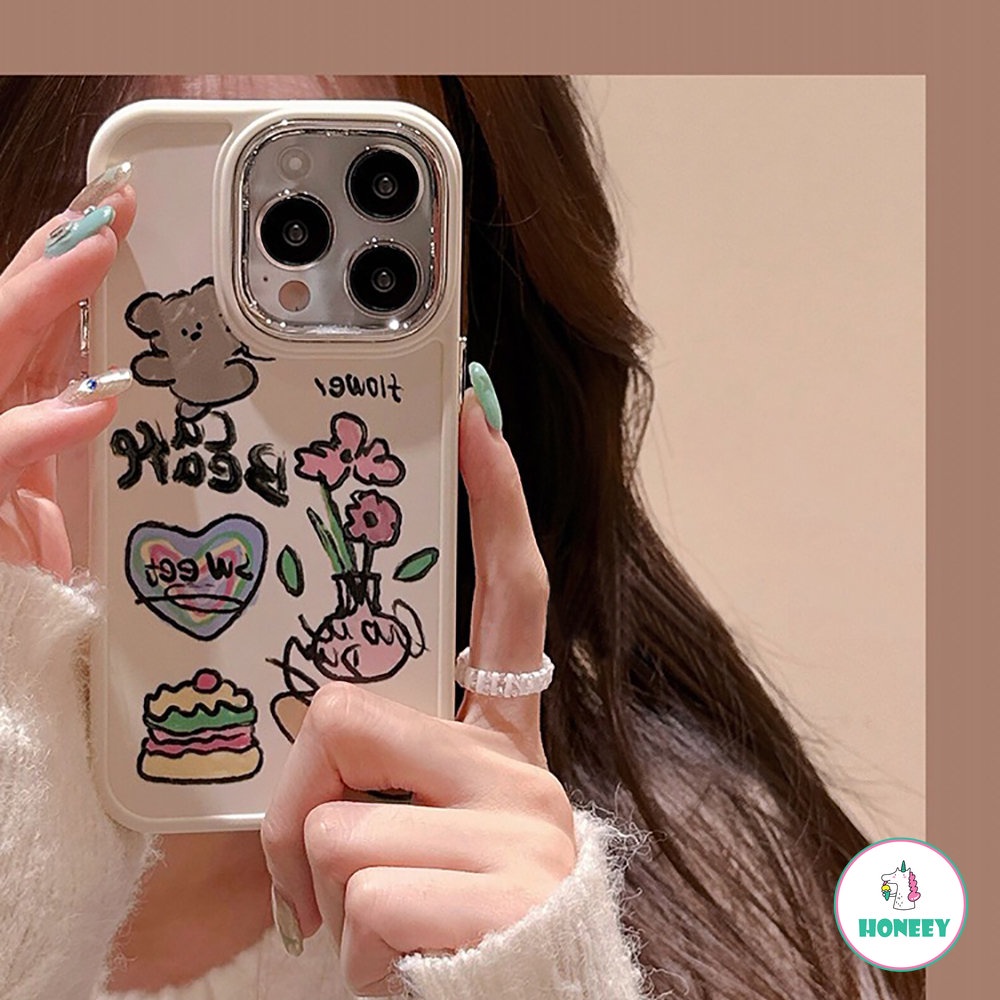 IPHONE Casing Ponsel Beruang Kue Bunga Graffiti Lucu Kompatibel Untuk Iphone14 13 11 12 Pro Max Manis Shockproof Kartun Cover