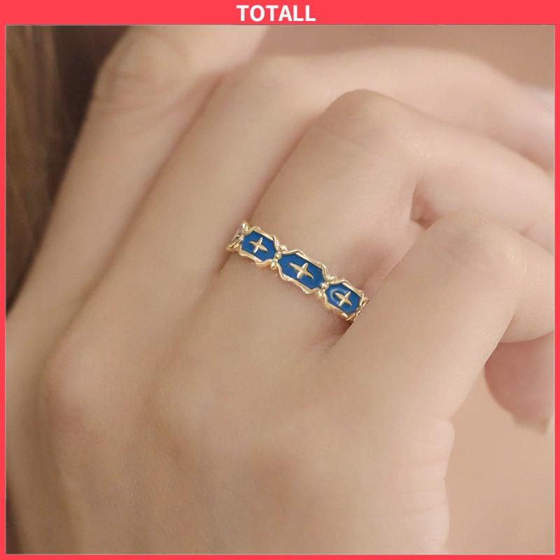 COD Cincin Wanita Gold Gaya Korea disesuaikan Glasir Biru Salib Pola Enamel Untuk Unisex-Totall