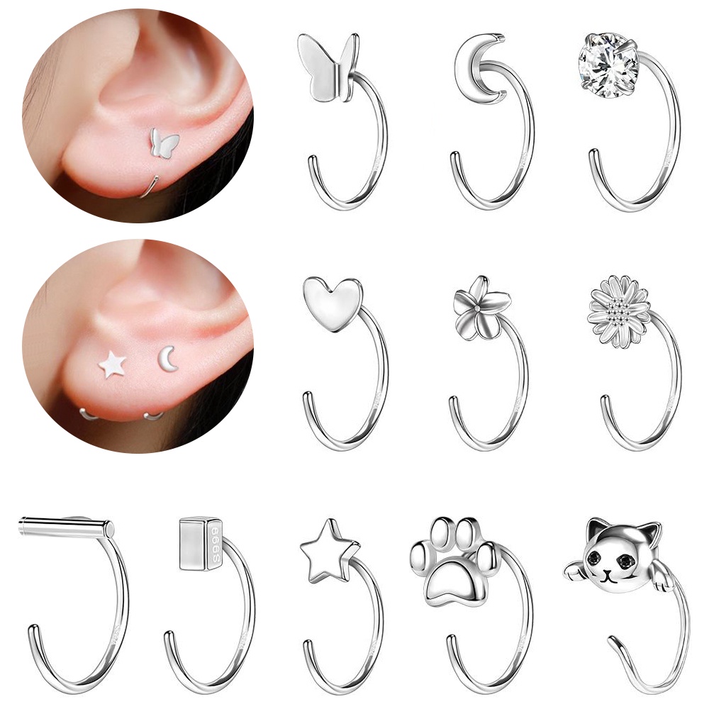 1pc Kupu-Kupu925 Sterling Silver Anting Bentuk C Bunga Hoop Earring Heart Moon Anting Bulat Tulang Rawan Telinga Tindik