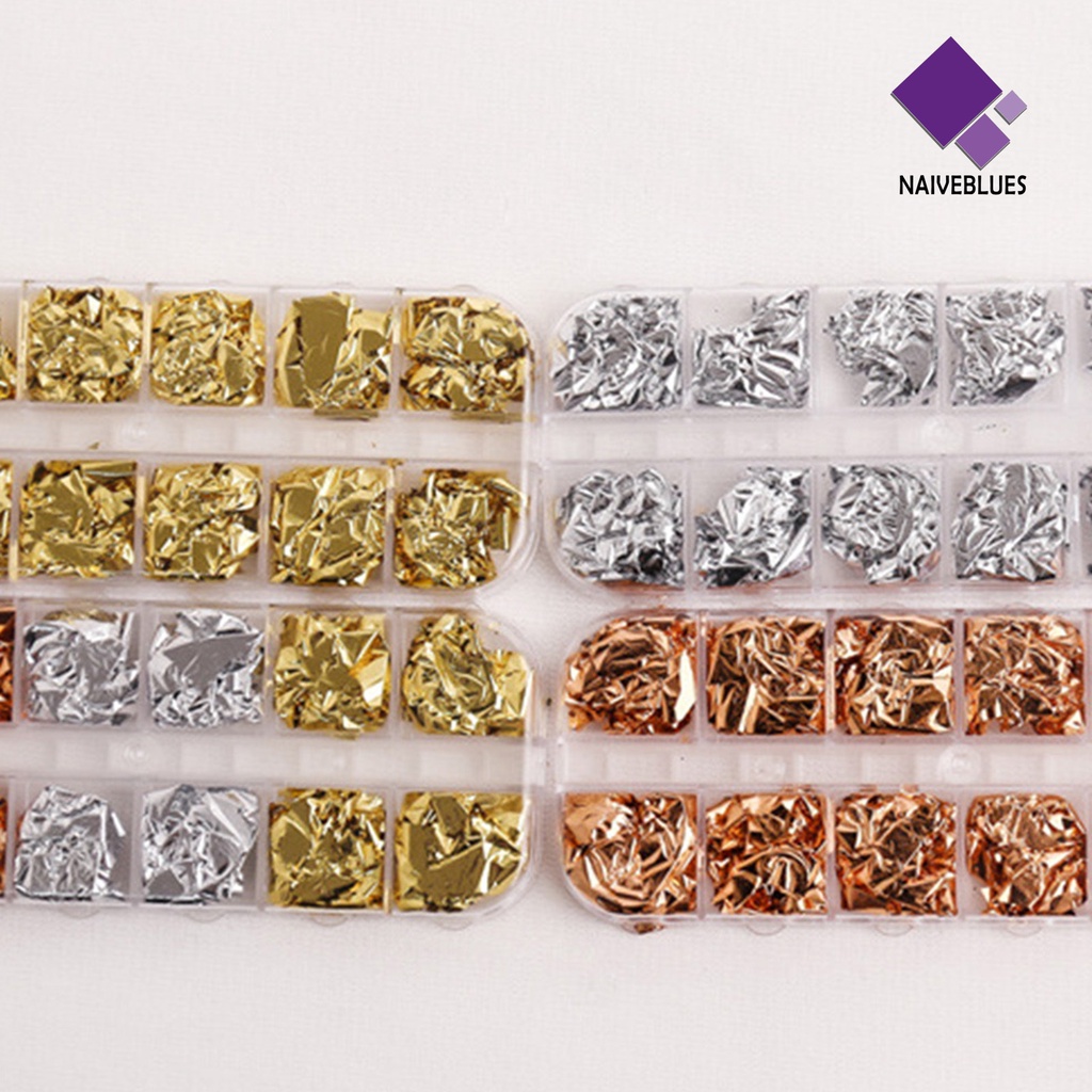 [naiveblues] 12grids/box Manicure Foil Decal Anti Luntur Multifungsi Nice-looking Nail Foil Warna Emas Untuk Wanita