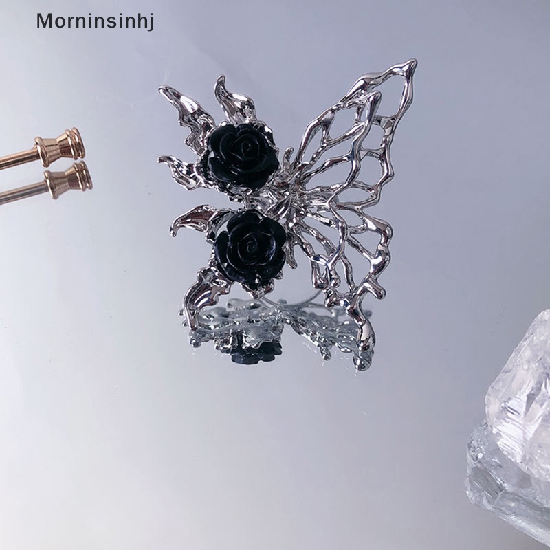 Mornin Vintage Punk Metal Black Rose Liquid Butterfly Opening Ring Untuk Wanita Berlebihan Cincin Hewan Yang Dapat Disesuaikan Aesthetic Perhiasan Hadiah id