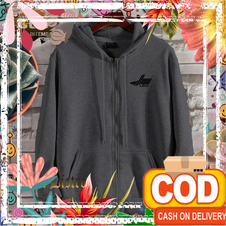 Umara Distro... Jaket Distro Resleting Kupluk Distro LEA Logo Text Hitam Premium (Jaket Musim Dingin