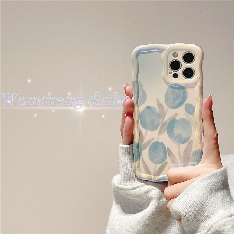 IPHONE Pewarna Bunga Tulip Biru Desain Lukisan Minyak Casing Ponsel Kompatibel Dengan Iphone12 13 14 11 Pro Max X Xs Max Xr Rrdcvm