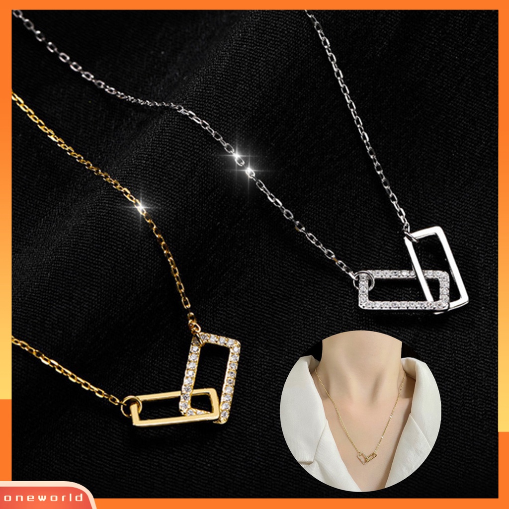 [EONE] Wanita Kalung Geometris Berlian Imitasi Mengkilap Hias Adjustable Extension Rantai Hias Hadiah Double Square Interlock Liontin Klavikula Rantai Perhiasan Untuk Pacaran