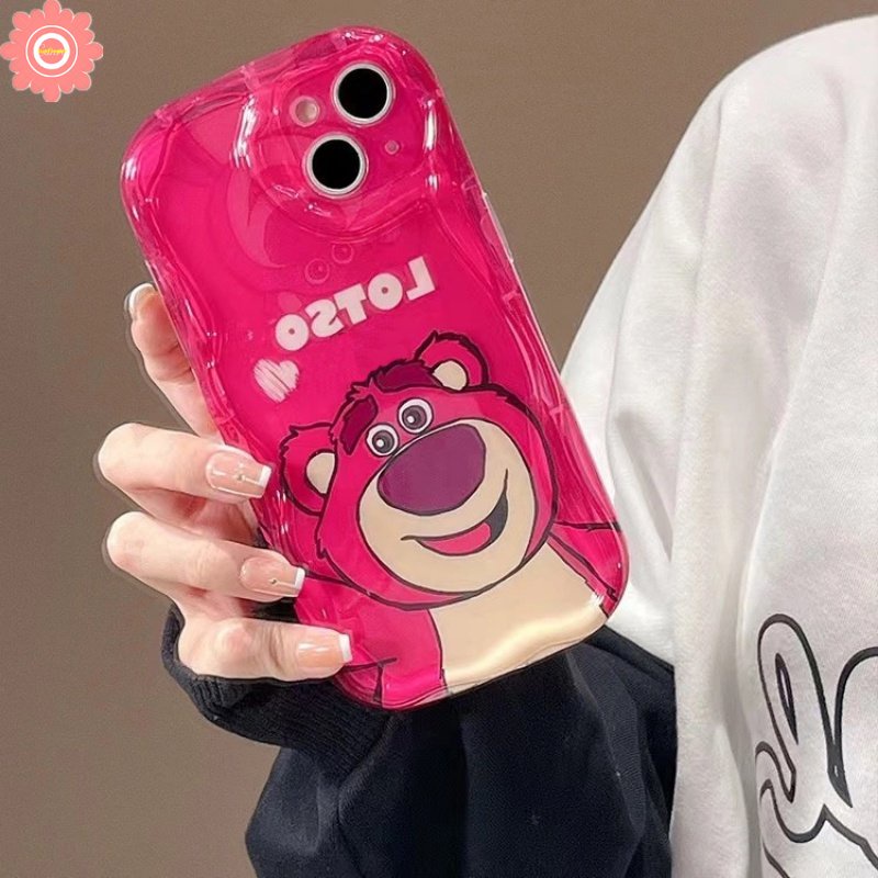 IPHONE Rose Red Kartun Imut Strawberry Bear Manyo Case Kompatibel Untuk Iphone11 12 13 14 Pro Max7 8 6s 6 Plus XR X XS Max SE 2020 3D Wavy Curved Edge Glossy Shockproof Soft Cover