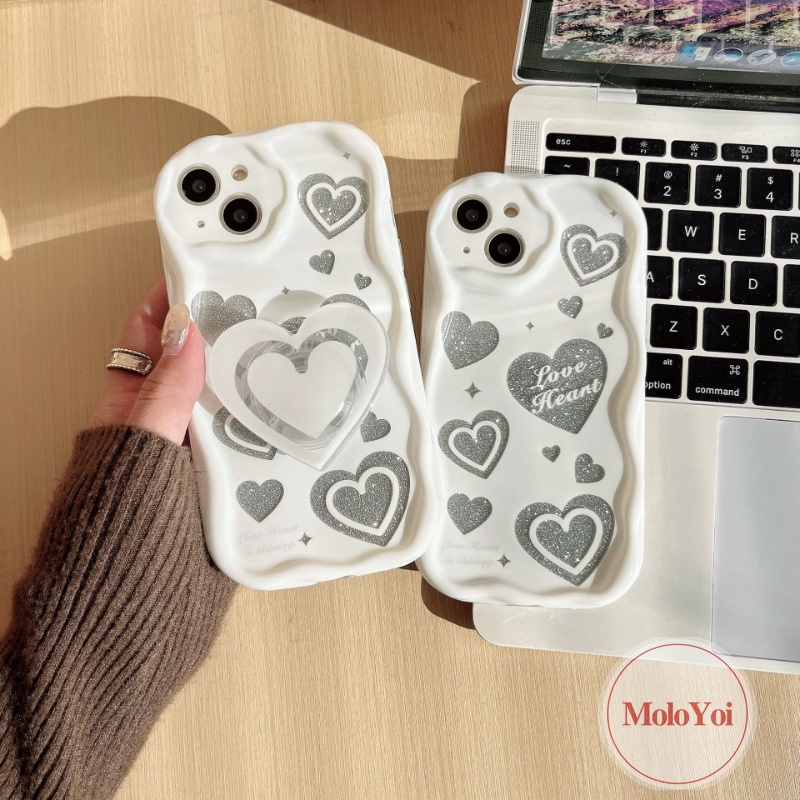 IPHONE Casing Ponsel Cinta Hati Mengkilap Putih Kompatibel Untuk Iphone11 12 13 14 Pro Max XR 7 8 6s 6 Plus X XS Max SE 2020 3D Wavy Curved Edge Glossy Shockproof Tpu Soft Cover