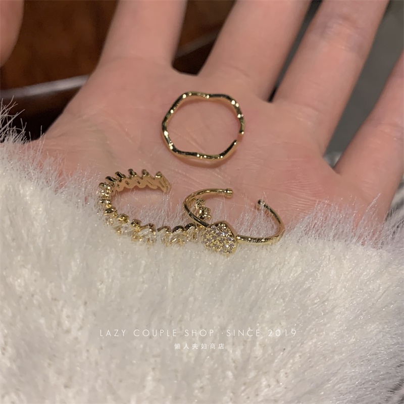 3pcs/set Cincin Hati Korea Cincin Zirkon Emas Elegan Untuk Wanita Aksesoris Perhiasan Fashion