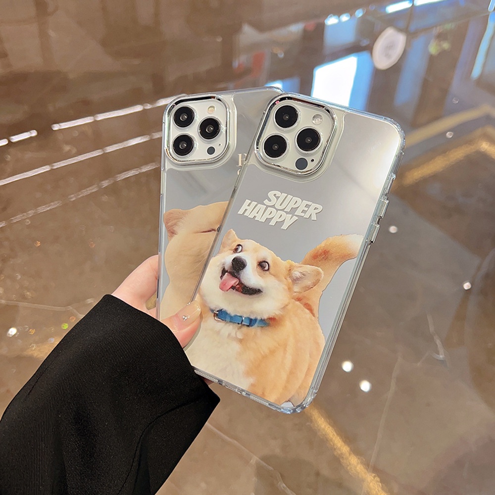 IPHONE Hewan Lucu Puppy Dog Cat Electroplated Camera Frame Phone Mirror Case Cover Untuk Iphone11 12 13 14 PRO MAX