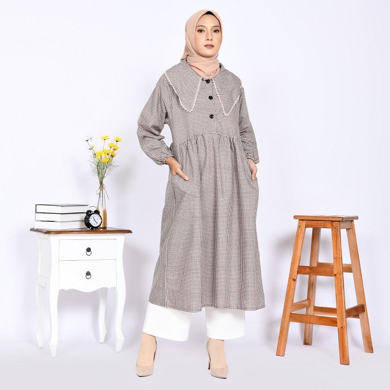 Gamis Vintage Casual Midi Dress Muslimah Jumbo Motif Kotak