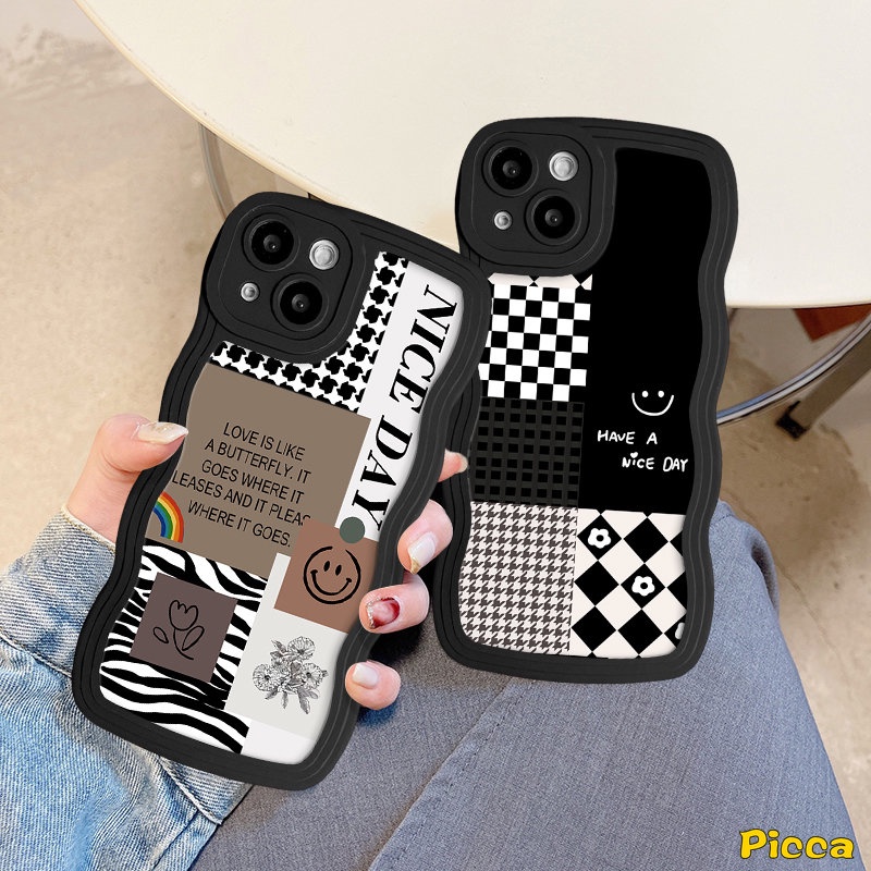 REDMI Untuk Redmi9 10C 12C 10A 9C A1+9A A1 9T 10 Note8 9 11s 9s 11 10s 10 Pro Mi 11T Pro POCO M3 X3 NFC Pro Smiley Berlian Houndstooth Pola Kisi Splicing Tepi Bergelombang Soft Case