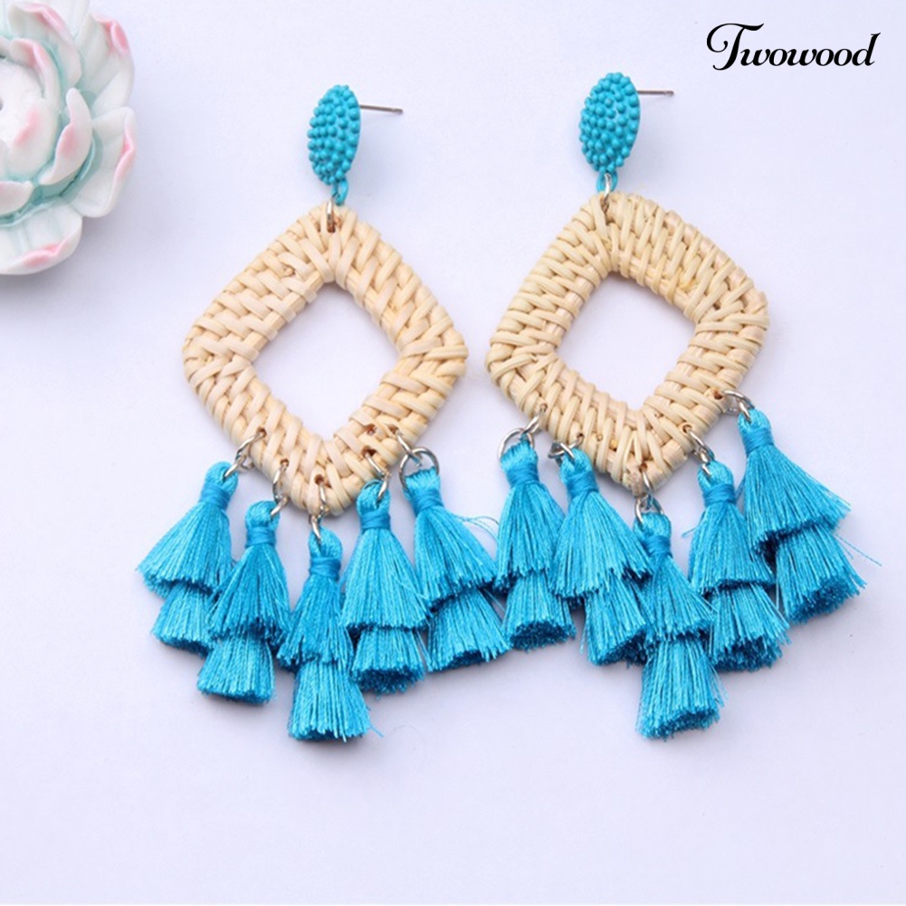 Twowood Boho Wanita Berongga Belah Ketupat Anyaman Rotan Rumbai Statement Menjuntai Stud Earrings