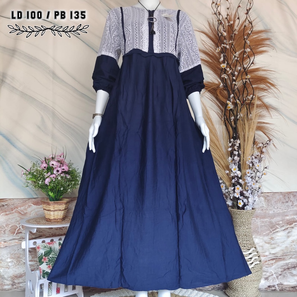 Gamis Polo Linen bahan adem, kombinasi brukat malika dada