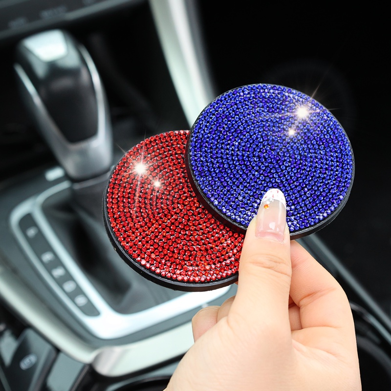 Coaster Diamond Mobil Multifungsi/Kreatif Bentuk Bulat Slot Cangkir Air Pad Anti-slip/Tikar Insulasi Panas PVC Bertatahkan Berlian/Aksesoris Dekorasi Interior Otomatis