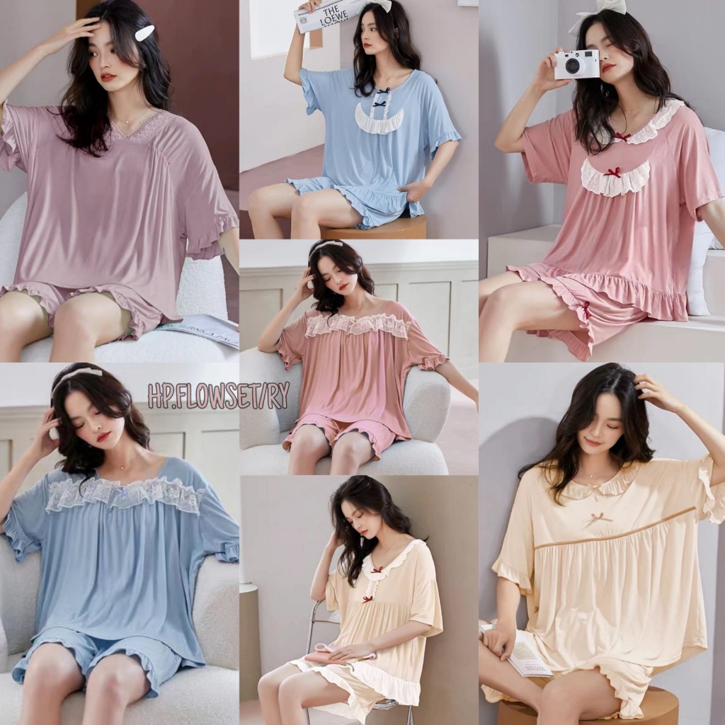 SETELAN SETCEL ONE SET HOTPANTS PIYAMA BAJU TIDUR WANITA DEWASA KOREA RAYON POLOS IMPORT LENGAN PEND