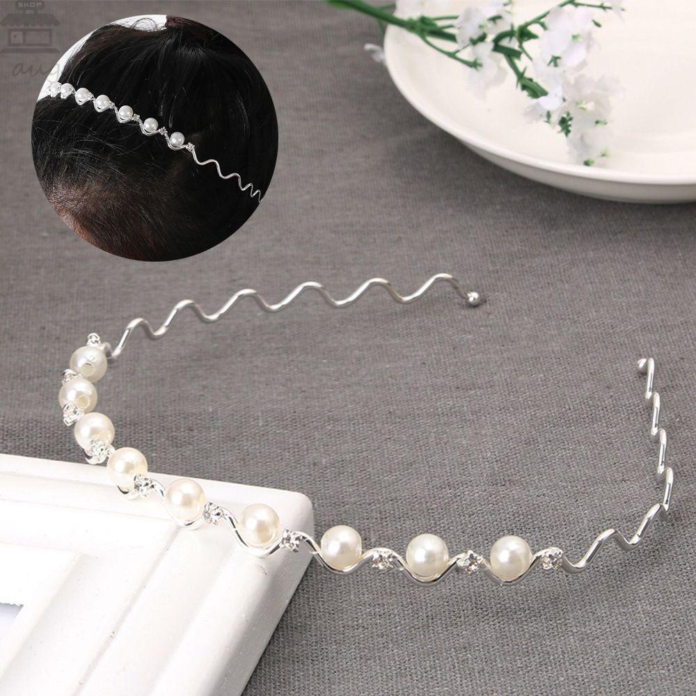 Agustina Mutiara Kristal Gelombang Hairband Elegan Mode Kepala Rantai Berlian Imitasi Perhiasan Pernikahan Bling Headband Metal