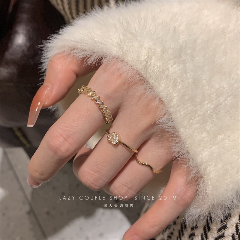 3pcs/set Cincin Zirkon Emas Set Cincin Gelombang Hati Indah Untuk Aksesoris Perhiasan Wanita