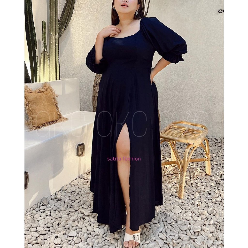 Clara Dress Jumbo Polos / Dress Big Size Lengan Panjang / Dress Seksi Belah Paha / Dress Jumbo Ready